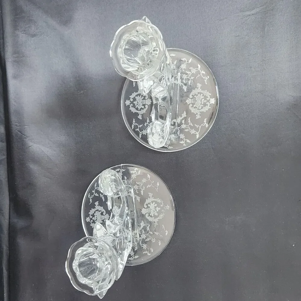 Fostoria Baroque Glass Candle Sticks Crystal Navarre Etch Candle Holders Flame